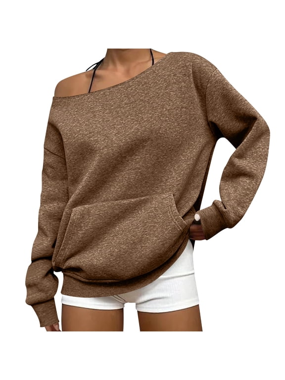 Tops for Women One Shoulder Scoop Neck Long Sleeve Tops Basic Fall Shirts Casual Loose Comfy Dailywear Tops