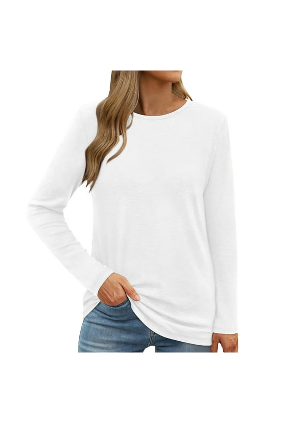 Tops for Women Trendy Crew Neck Long Sleeve Tops Solid Color Basic Fall Shirts Casual Loose Comfy Dailywear Tops