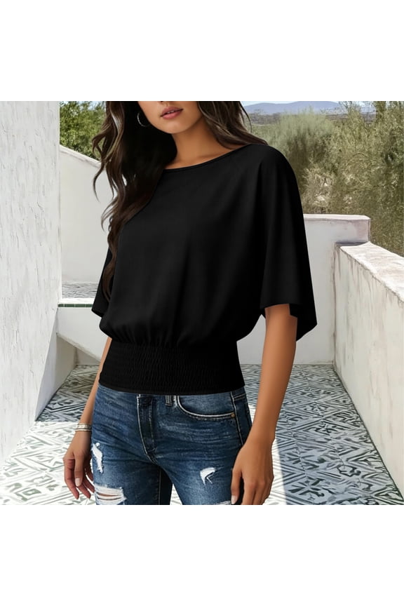 Tops for Women Trendy Elbow Length Sleeve Scoop Neck Ruched Waist Casual Summer Dressy Crop Tops