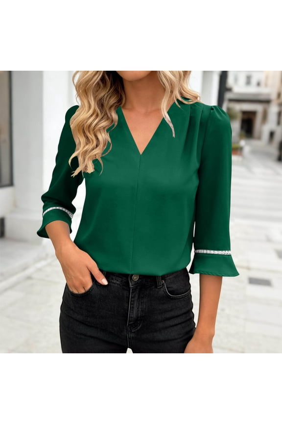 Tops for Women Trendy Flare 3/4 Sleeve Ruched Shoulder V Neck Blouse Tops Casual Summer Dressy Tops
