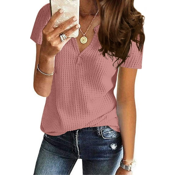 tarylea Tops for Women Trendy Notch Neck Short Sleeve Blouse Solid Color Loose T-Shirts Casual Summer Dressy Dailywear Tops