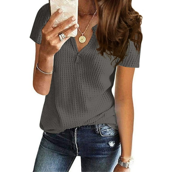 tarylea Tops for Women Trendy Notch Neck Short Sleeve Blouse Solid Color Loose T-Shirts Casual Summer Dressy Dailywear Tops
