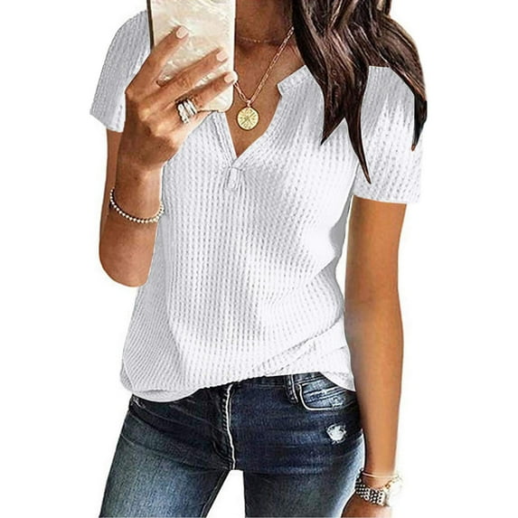 tarylea Tops for Women Trendy Notch Neck Short Sleeve Blouse Solid Color Loose T-Shirts Casual Summer Dressy Dailywear Tops