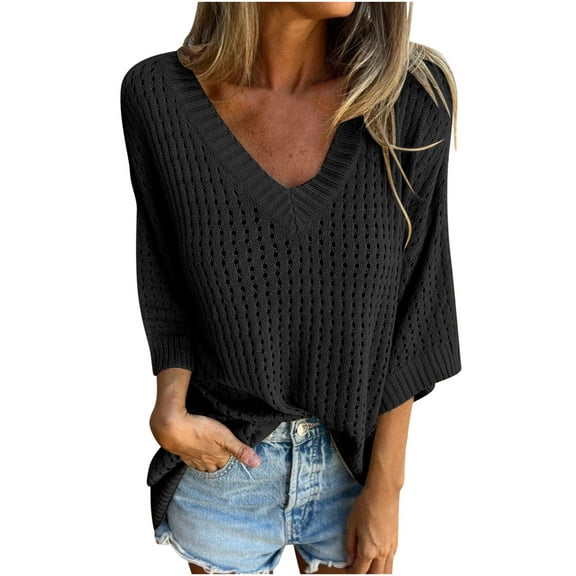 tarylea Tops for Women Trendy Plus Size Eyelet Knitted Sweater Tops V Neck Elbow Length Sleeve Solid Color Shirts Casual Loose Breathable Tops