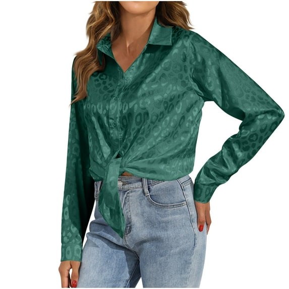 tarylea Tops for Women Trendy Satin Lapel Shirts Button down Tie Front Blouse Long Sleeve Solid Color Shirt Casual Loose Dressy Tops