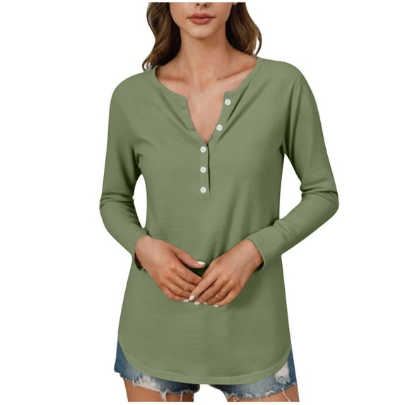tarylea Tops for Women Trendy Scoop Neck Half Button Shirts Solid Color Long Sleeve Tops Casual Loose Basic Comfy Summer Tops