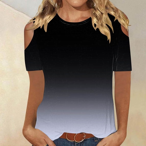 tarylea Tops for Women Trendy Short Sleeve Cold Shoulder Crew Neck Tee Tops Casual Summer Gradient Color T-Shirt Tops