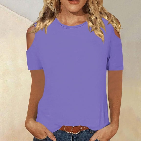 tarylea Tops for Women Trendy Short Sleeve Cold Shoulder Crew Neck Tee Tops Casual Summer Solid Color T-Shirt Tops