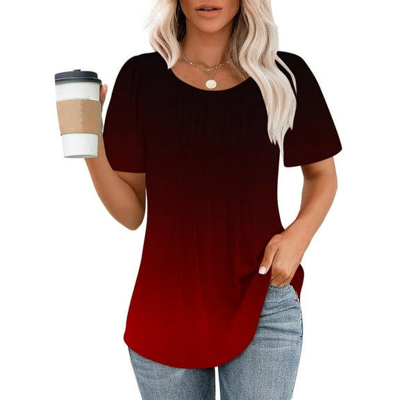 tarylea Tops for Women Trendy Short Sleeve Crew Neck Ruched Tunic Tops Casual Summer Comfy Gradient Color T-Shirts