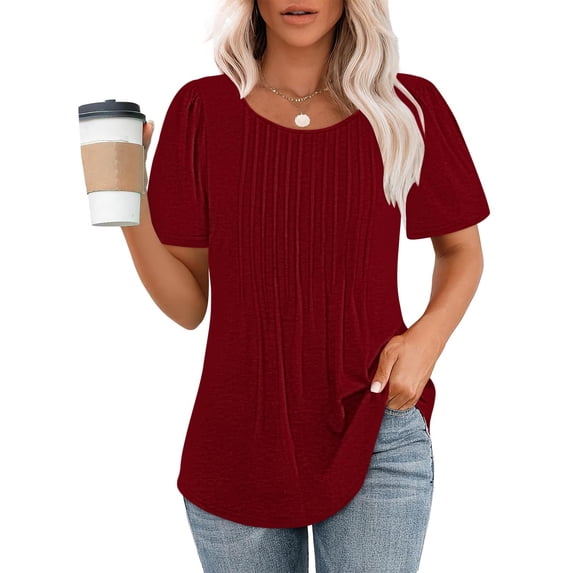 tarylea Tops for Women Trendy Short Sleeve Crew Neck Ruched Tunic Tops Casual Summer Comfy Solid Color T-Shirts