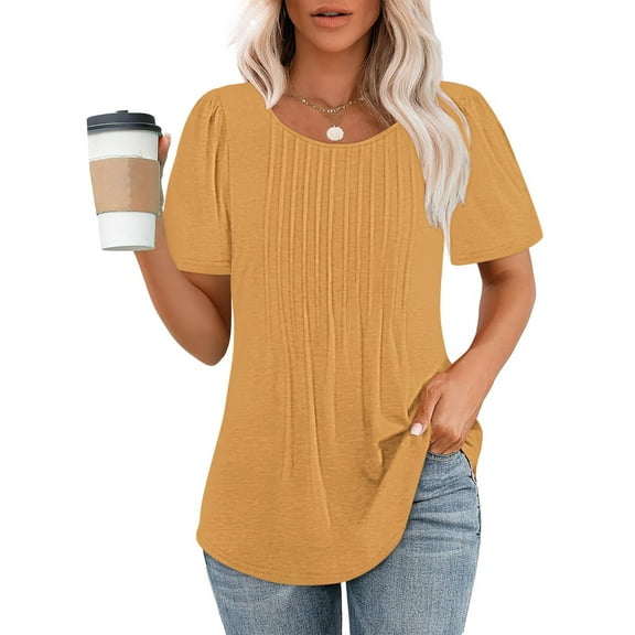 tarylea Tops for Women Trendy Short Sleeve Crew Neck Ruched Tunic Tops Casual Summer Comfy Solid Color T-Shirts