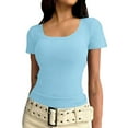 thumbnail image 1 of tarylea Tops for Women Trendy Short Sleeve Square Neck Slim Fitted T-Shirts Casual Summer Stretch Comfy Tee Tops, 1 of 7