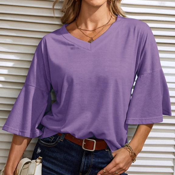 tarylea Tops for Women Trendy V Neck 3/4 Flare Sleeve Blouse Solid Color Dressy Shirts Casual Loose Summer Cute Tops