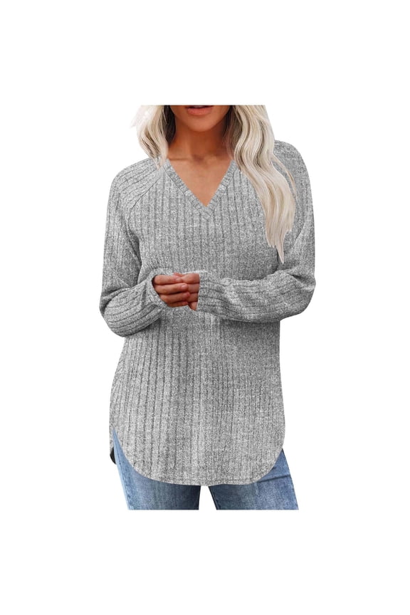 Tops for Women Trendy V Neck Split Hem Pullover Solid Color Long Sleeve Shirts Casual Loose Fall Basic Dailywear Tops