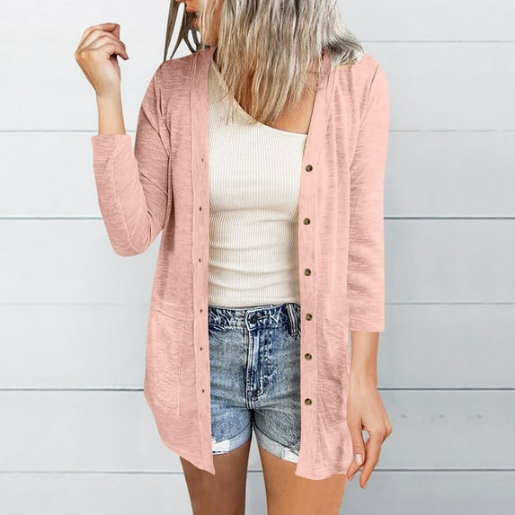 tarylea Tops for Women V Neck Button down Cardigan Solid Color Long Sleeve Tops with Pockets Casual Loose Comfy Fall Tops