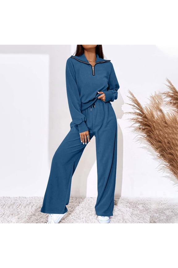 Tracksuits for Women 2 Piece Long Sleeve Turn down Collar Zip Pullover Straight Leg Drawstring Pants Casual Loose Fall Dressy Sweatsuits