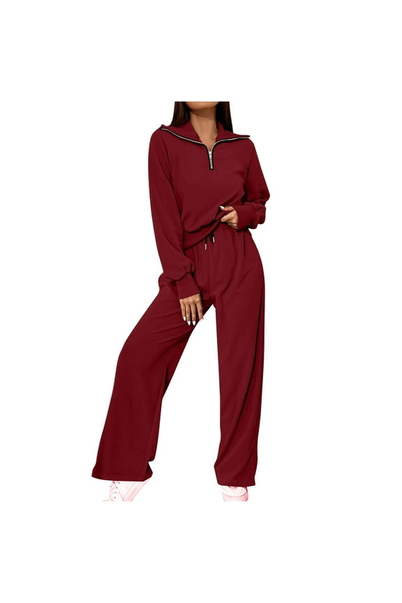 Tracksuits for Women 2 Piece Long Sleeve Turn down Collar Zip Pullover Straight Leg Drawstring Pants Casual Loose Fall Dressy Sweatsuits