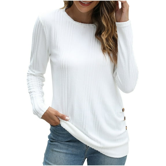 tarylea Trendy Tops for Women Crew Neck Stripe Tops Long Sleeve Solid Color Shirts Casual Loose Homewear Dailywear Tops