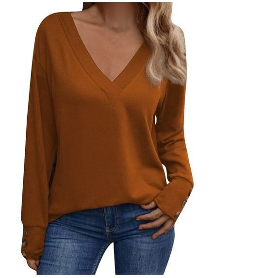 tarylea Trendy Tops for Women Deep V Neck Cuff Button Shirts Long Sleeve Solid Color Tops Casual Vacation Loose Tops