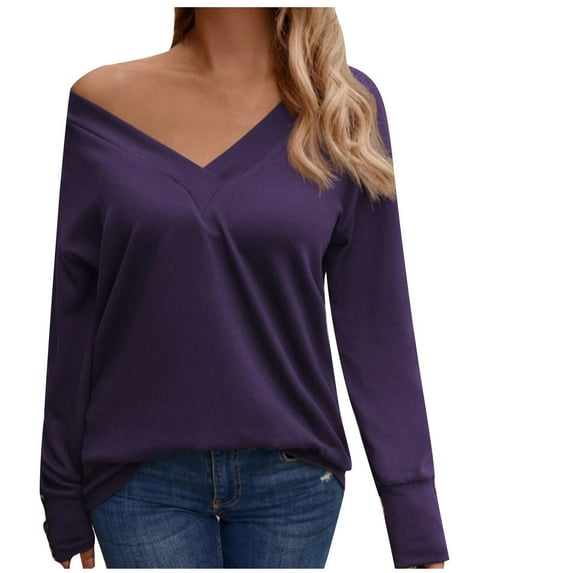 tarylea Trendy Tops for Women Deep V Neck Cuff Button Shirts Long Sleeve Solid Color Tops Casual Vacation Loose Tops