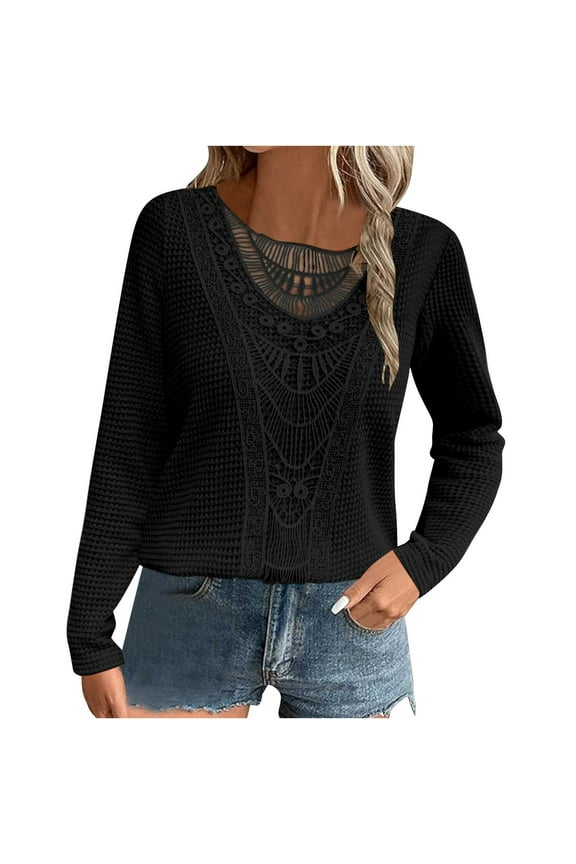 Trendy Tops for Women Lace Patchwork Pineapple Shirts Long Sleeve Solid Color Tops Casual Loose Top Tee Shits