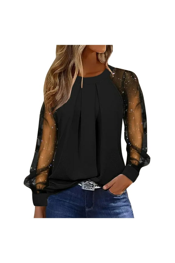 Trendy Tops for Women Mesh Patchwork Pleated Shirts Crew Neck See Through Long Lantern Sleeve Tops Loose Casual Wear