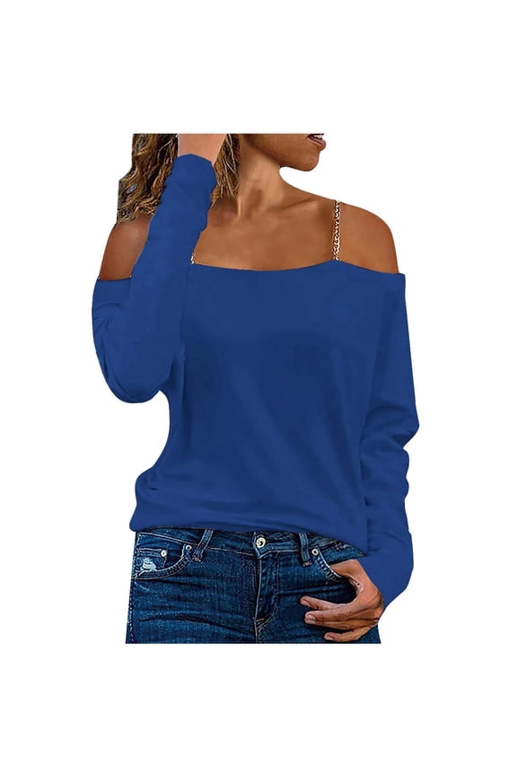 Trendy Tops for Women off Shoulder Mental Buckle Strap Shirts Long Sleeve Loose Casual Wear Vacation Tops
