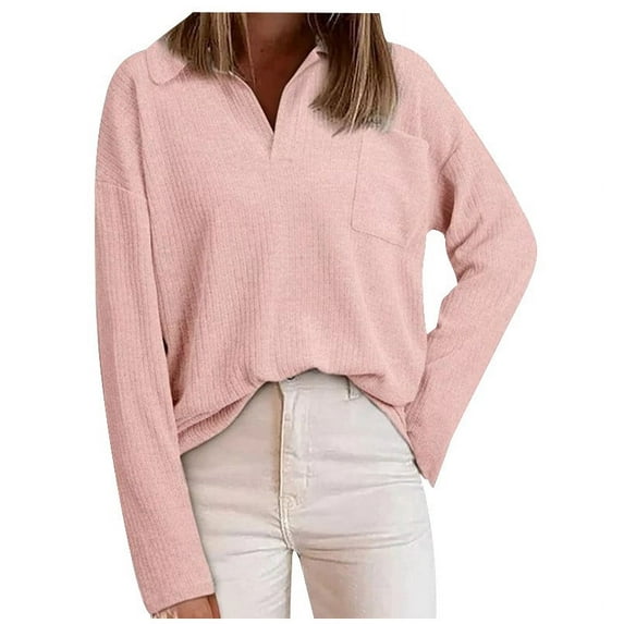 tarylea Tshirt for Women Turn down Collar Chest Button Sweater Long Sleeve Solid Color Shirts Casual Loose Tops