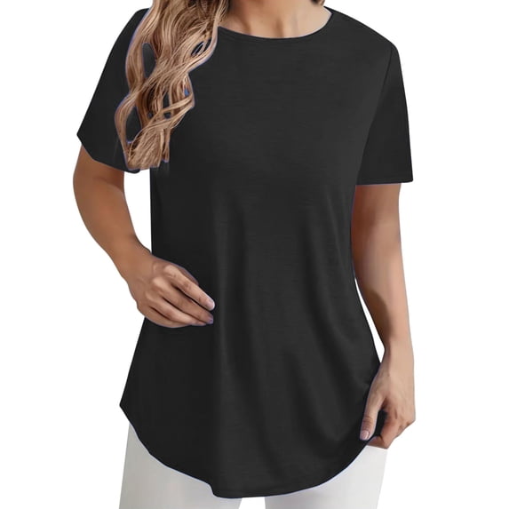 tarylea Tunic Tops for Women Short Sleeve Crew Neck Button-Back Curved Hem Loose Fitting T-Shirt
