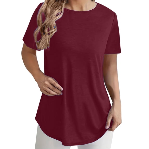 tarylea Tunic Tops for Women Short Sleeve Crew Neck Button-Back Curved Hem Loose Fitting T-Shirt