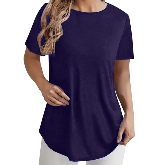 tarylea Tunic Tops for Women Short Sleeve Crew Neck Button-Back Curved Hem Loose Fitting T-Shirt