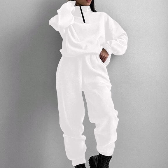 tarylea Two Piece Fleece Sets for Women Long Sleeve Turn down Collar Crop Pullover Cinch Bottom Elastic Waist Pants Casual Winter Warm Outfits