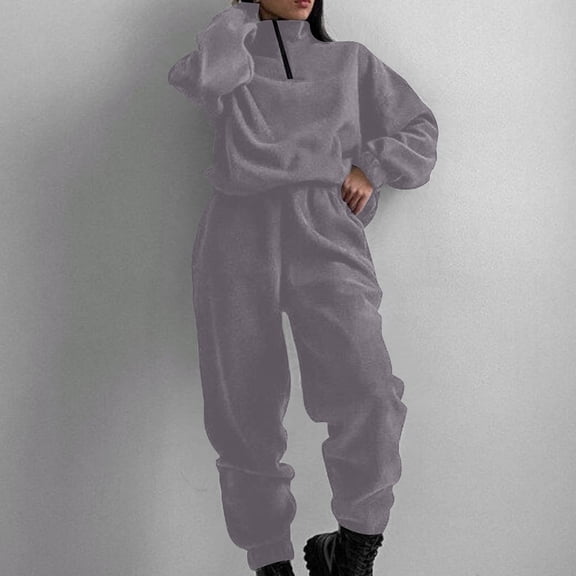 tarylea Two Piece Fleece Sets for Women Long Sleeve Turn down Collar Crop Pullover Cinch Bottom Elastic Waist Pants Casual Winter Warm Outfits