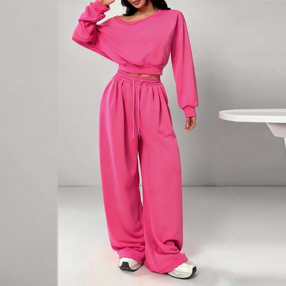 tarylea Two Piece Sets for Women Long Sleeve One Shoulder Crop Tops Drawstring Straight Leg Pants Casual Loose Comfy Plain Outfits