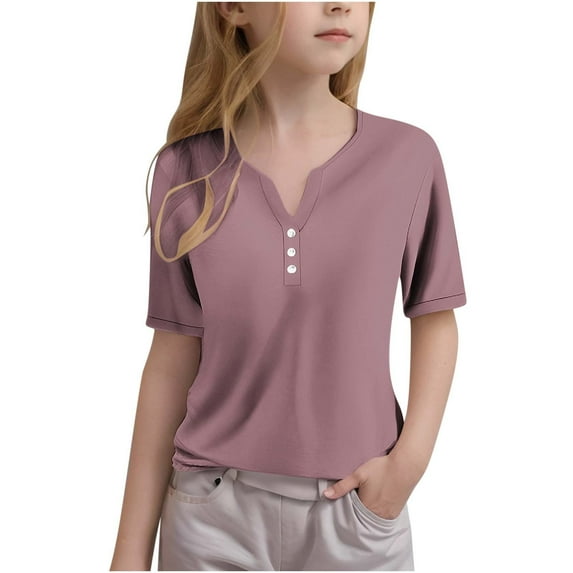 tarylea Unisex Clothes for Toddler Baby Girls Boys V Neck Chest Button Shirts Short Sleeve Solid Color Tops Casual Loose Summer Breathable Stretch Infant Tops for 3-14 Years