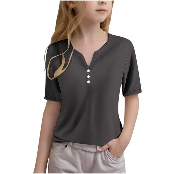 tarylea Unisex Clothes for Toddler Baby Girls Boys V Neck Chest Button Shirts Short Sleeve Solid Color Tops Casual Loose Summer Breathable Stretch Infant Tops for 3-14 Years