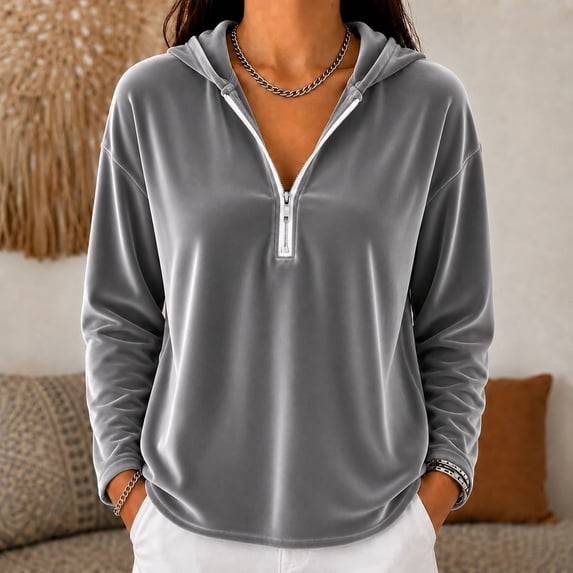 tarylea Velour Hoodies for Women Long Sleeve Half Zipper Pullover Tops Casual Loose Fall Plain Tops