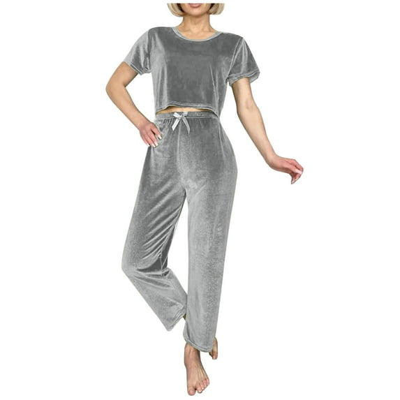 tarylea Velour Pajamas for Women Short Sleeve Crew Neck Tops Elastic Waist Pants Solid Color Suits Casual Loose Comfy Loungewear