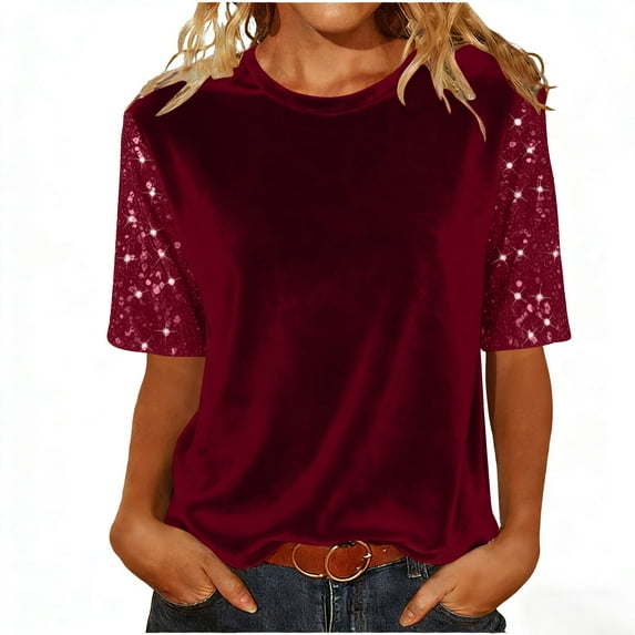 tarylea Velour Tops for Women Elbow Length Sleeve Crew Neck Sequin Patchwork Blouse Casual Loose Dressy Summer Tops
