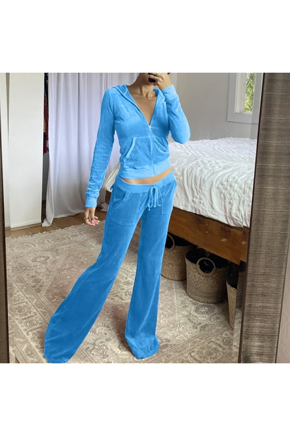 Velour Tracksuit Womens 2 Pieces Long Sleeve Full Zipper Hoodie Jackets Drawstring Flare Pants Casual Dressy Fall Lounge Sets