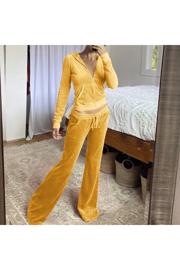 Velour Tracksuit Womens 2 Pieces Long Sleeve Full Zipper Hoodie Jackets Drawstring Flare Pants Casual Dressy Fall Lounge Sets