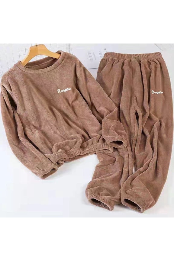 Winter Plush Pajamas Set for Women Crew Neck Long Sleeve Pullover Cinch Bottom Elastic Waist Pants Solid Color Casual Basic Warm Loungewear Suits