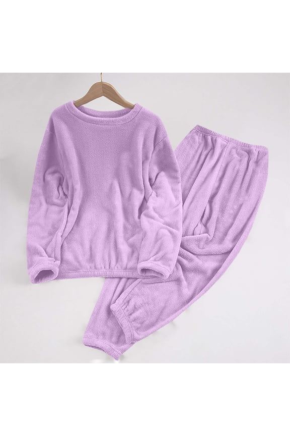 Winter Plush Pajamas Set for Women Crew Neck Long Sleeve Pullover Cinch Bottom Elastic Waist Pants Solid Color Casual Basic Warm Loungewear Suits