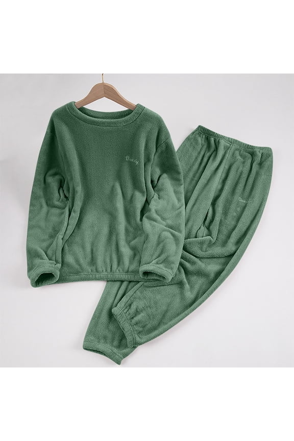 Winter Plush Pajamas Set for Women Crew Neck Long Sleeve Pullover Cinch Bottom Elastic Waist Pants Solid Color Casual Basic Warm Loungewear Suits
