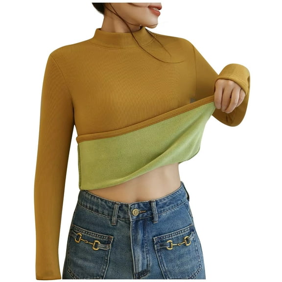 tarylea Winter Tops for Women Fleece Lined Mock Neck Undershirts Solid Color Slim Fitted Tops Casual Stretch Warm Dailywear Tops
