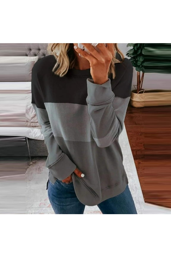 Crew Neck Sweatshirt for Women Long Sleeve Split Hem Color Blocked Pullover Casual Loose Dressy Fall Tops