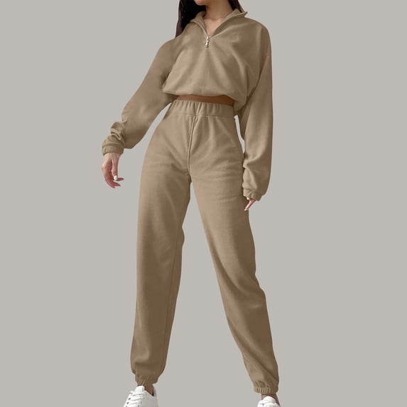 tarylea Women Fall 2 Piece Polar Fleece Lounge Outfits Long Sleeve Zip up Turn down Collar Crop Top High Rise Cinch Bottom Pants Casual Sets