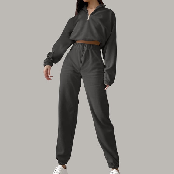 tarylea Women Fall 2 Piece Polar Fleece Lounge Outfits Long Sleeve Zip up Turn down Collar Crop Top High Rise Cinch Bottom Pants Casual Sets