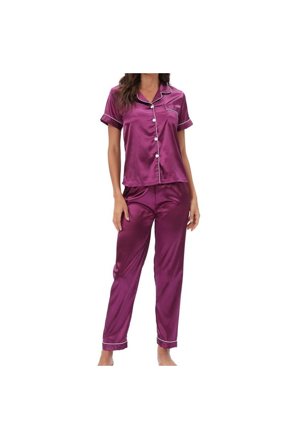 Women Silk Satin Pajamas Sets Short Sleeve Sleepwear Button down Nightwear Long Pants Two Piece Loungewear
