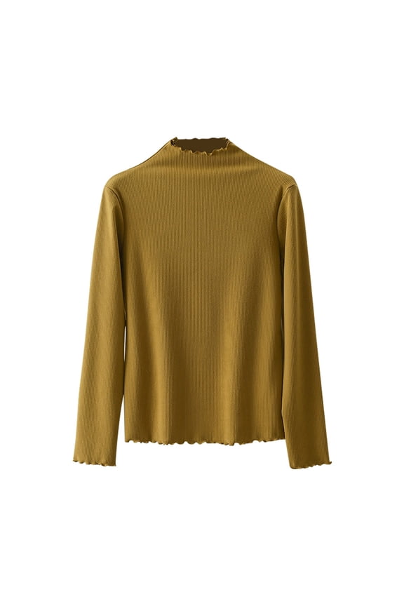 Women Spring Tops Half High Neck Ribbed Tops Solid Color Long Sleeve Undershirt Fitted Casual Homewear